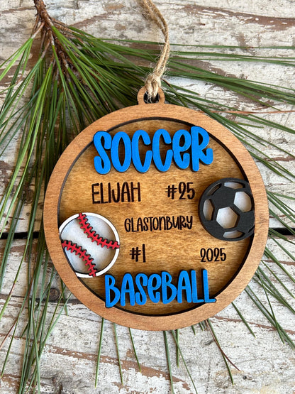 Personalized Soccer Baseball Player Christmas Tree Ornament | Gift for Multi Sport High School Athlete| Senior Soccer Baseball 2 Sport