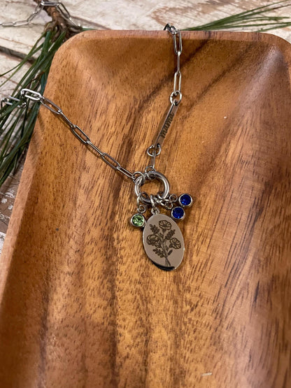 Personalized Birth Month Flower Bouquet Paperclip Charm Necklace with Birthstones | Mothers Day Gift for Mom Grandma Nana Gigi Mamaw Grammy