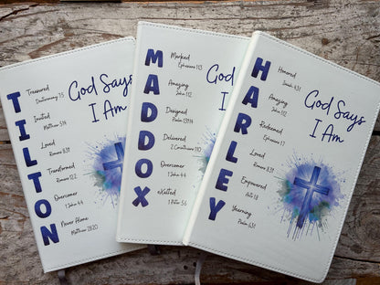 Personalized God Says I Am Bible Verse Name Journal | Christian Religious Notebook for Boy | First Communion Baptism Easter Pastor Gift