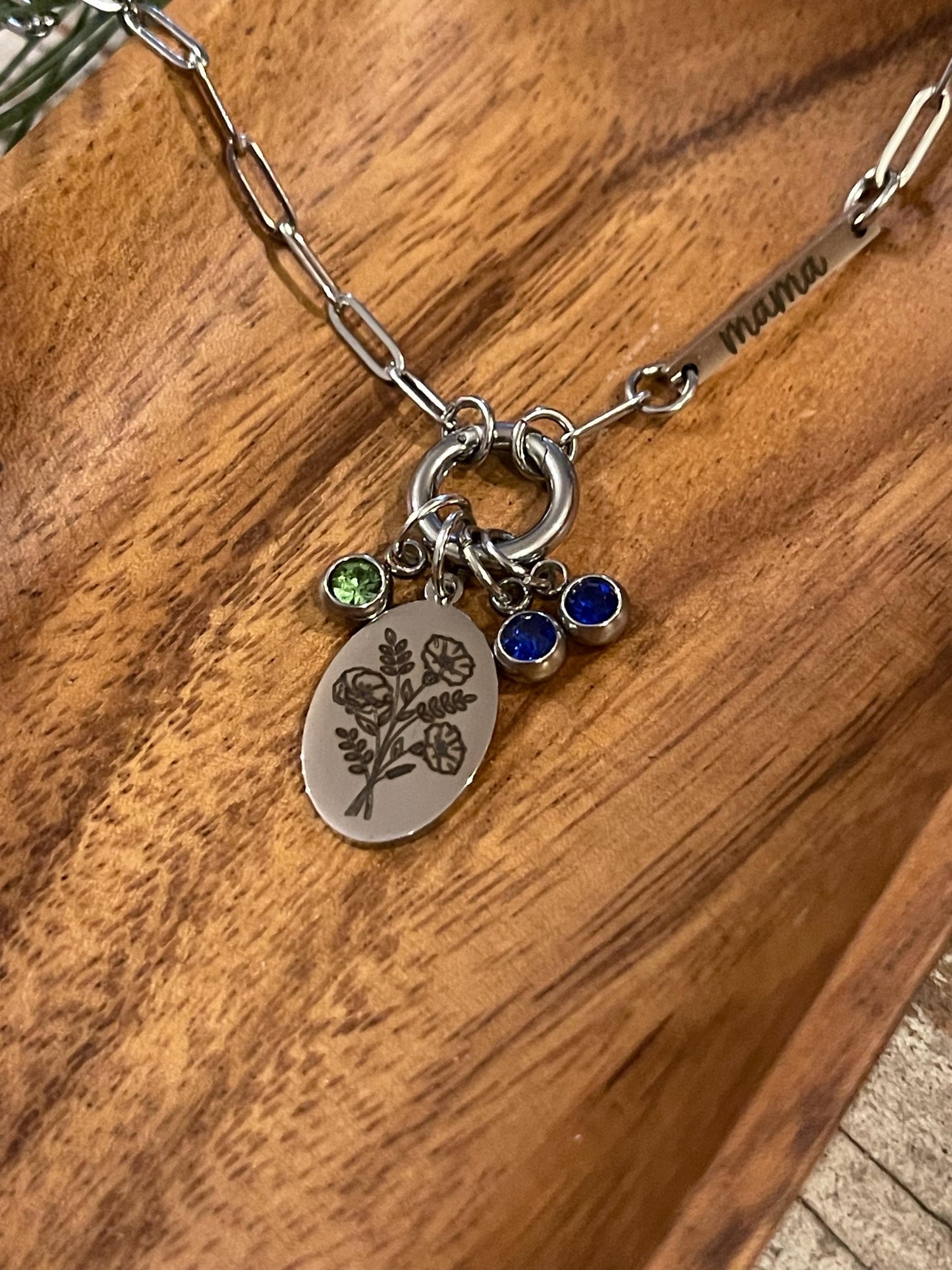 Personalized Birth Month Flower Bouquet Paperclip Charm Necklace with Birthstones | Mothers Day Gift for Mom Grandma Nana Gigi Mamaw Grammy
