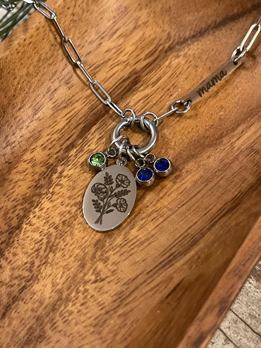 Personalized Birth Month Flower Bouquet Paperclip Charm Necklace with Birthstones | Mothers Day Gift for Mom Grandma Nana Gigi Mamaw Grammy