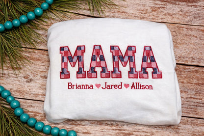 Personalized Mama Embroidered Quilt Sweatshirt with Kids Names | Mothers Day Gift from Son or Daughter | Crew Neck Comfort