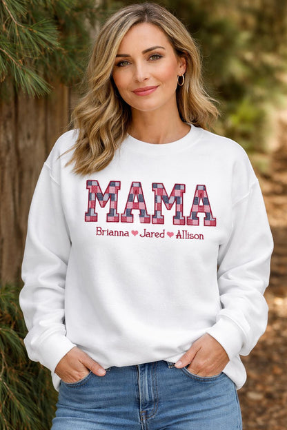 Personalized Mama Embroidered Quilt Sweatshirt with Kids Names | Mothers Day Gift from Son or Daughter | Crew Neck Comfort