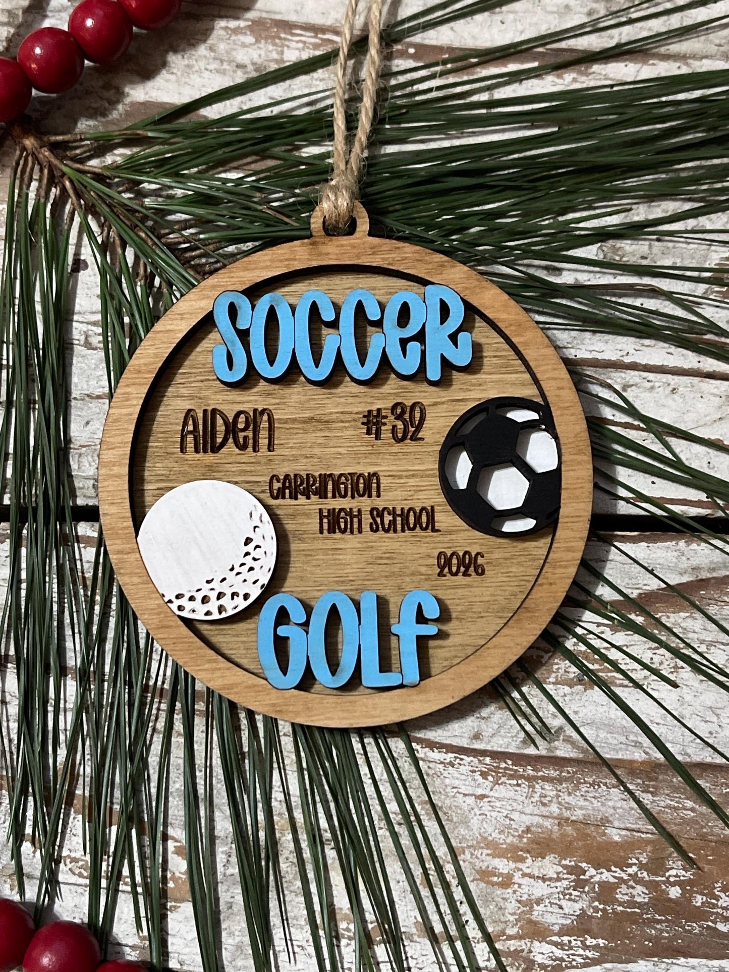 Personalized Soccer Golf Player Ornament | Custom Multi-Sport High School Christmas Tree Decoration | Senior 2 Sport Athlete