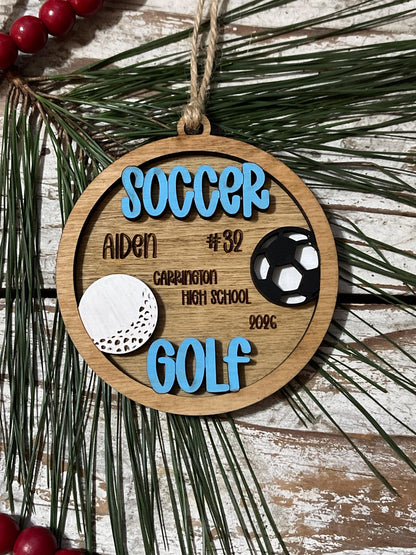 Personalized Soccer Golf Player Ornament | Custom Multi-Sport High School Christmas Tree Decoration | Senior 2 Sport Athlete