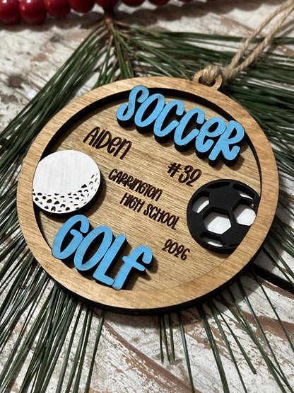 Personalized Soccer Golf Player Ornament | Custom Multi-Sport High School Christmas Tree Decoration | Senior 2 Sport Athlete