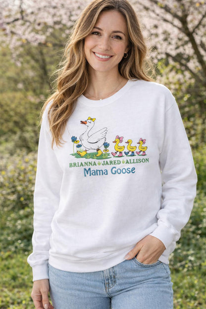Personalized Mama Goose and Baby Goslings Embroidered Sweatshirt with Kids Names | Mothers Day Gift from Son or Daughter