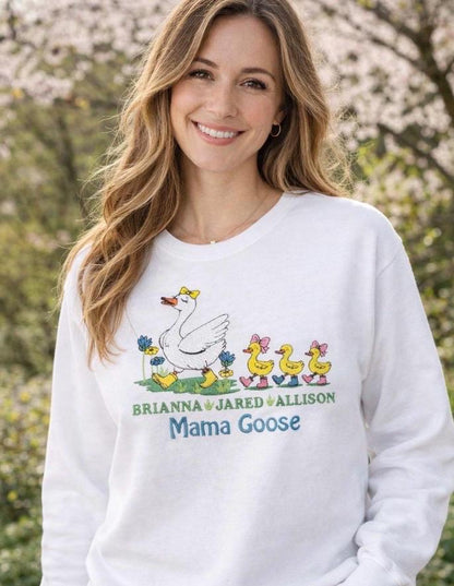 Personalized Mama Goose and Baby Goslings Embroidered Sweatshirt with Kids Names | Mothers Day Gift from Son or Daughter