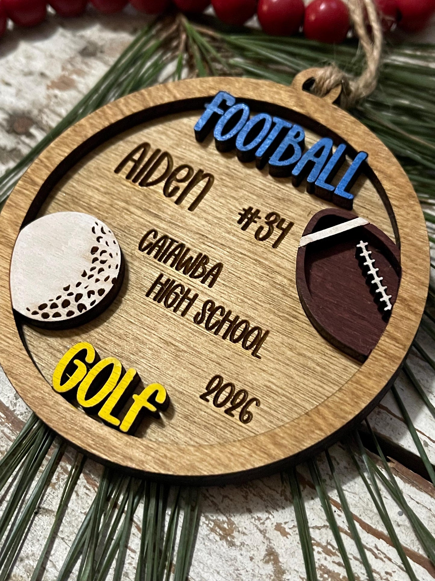 Personalized Football Golf Player Christmas Tree Ornament | Gift for Multi Sport High School Athlete| Present for Senior in 2 Sports