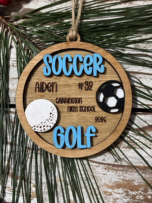 Personalized Soccer Golf Player Ornament | Custom Multi-Sport High School Christmas Tree Decoration | Senior 2 Sport Athlete