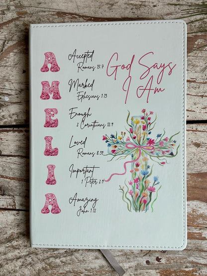 Personalized God Says I Am Bible Verse Name Journal | Christian Religious Notebook for Girl | First Communion Baptism Easter Pastor Gift