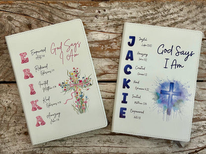 Personalized God Says I Am Bible Verse Name Journal | Christian Religious Notebook for Girl | First Communion Baptism Easter Pastor Gift