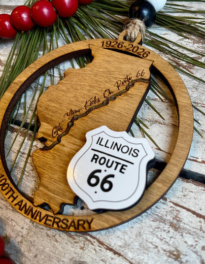 Illinois Route 66 100 Years Christmas Tree Ornament | The Mother Road Keepsake | Road Trip Souvenir Gift