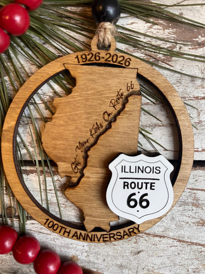 Illinois Route 66 100 Years Christmas Tree Ornament | The Mother Road Keepsake | Road Trip Souvenir Gift