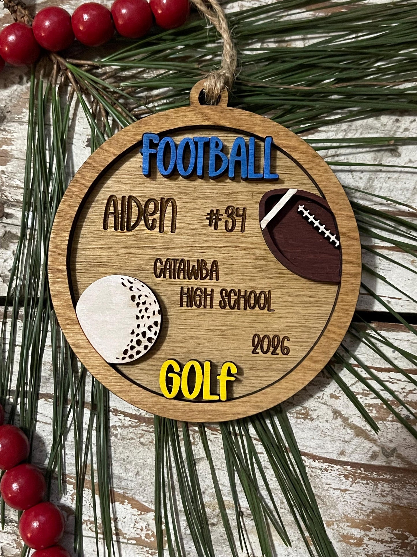 Personalized Football Golf Player Christmas Tree Ornament | Gift for Multi Sport High School Athlete| Present for Senior in 2 Sports