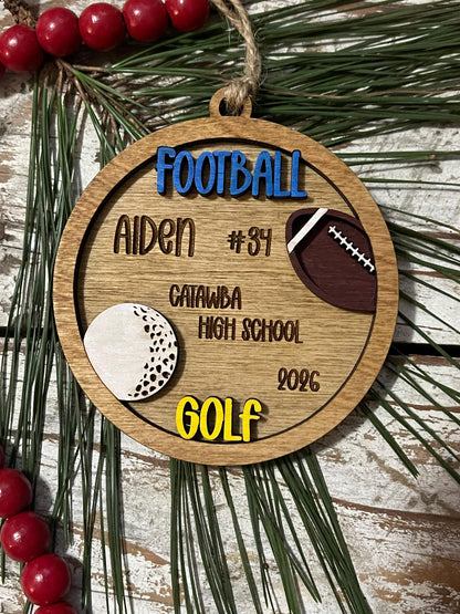 Personalized Football Golf Player Christmas Tree Ornament | Gift for Multi Sport High School Athlete| Present for Senior in 2 Sports
