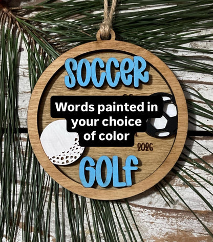 Personalized Soccer Golf Player Ornament | Custom Multi-Sport High School Christmas Tree Decoration | Senior 2 Sport Athlete