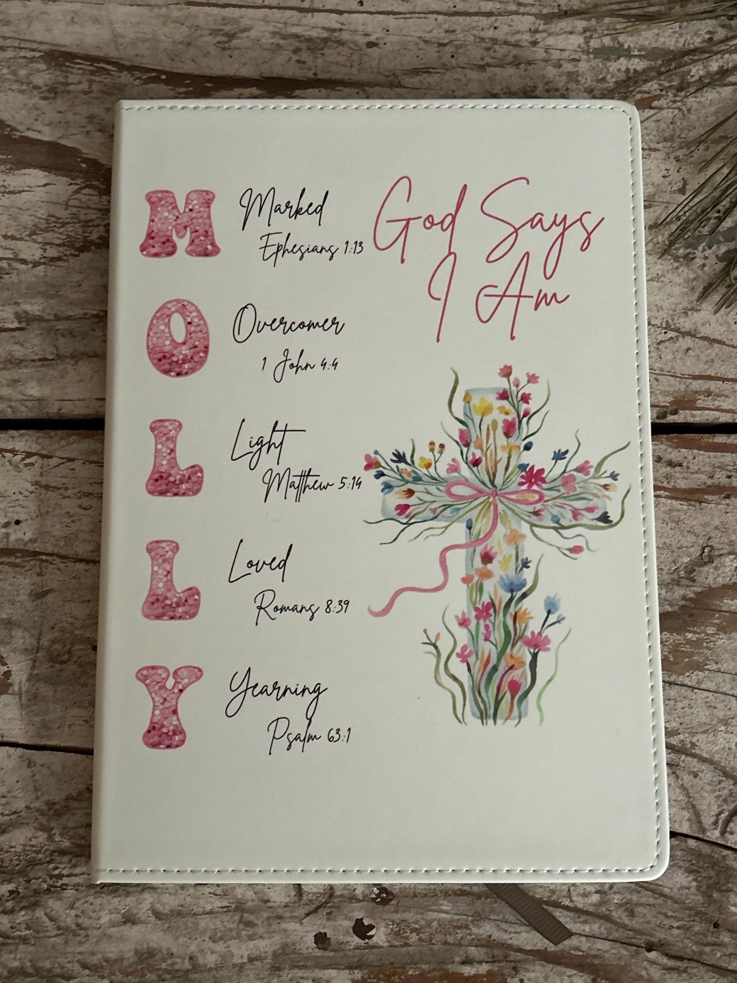 Personalized God Says I Am Bible Verse Name Journal | Christian Religious Notebook for Girl | First Communion Baptism Easter Pastor Gift