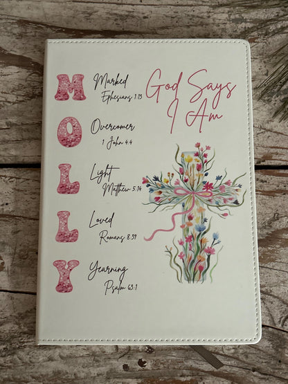 Personalized God Says I Am Bible Verse Name Journal | Christian Religious Notebook for Girl | First Communion Baptism Easter Pastor Gift