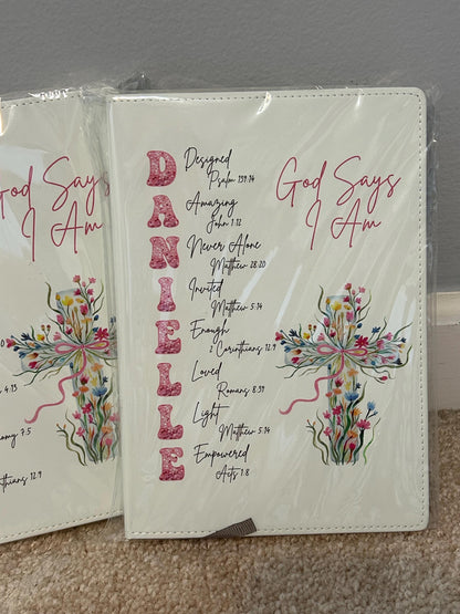 Personalized God Says I Am Bible Verse Name Journal | Christian Religious Notebook for Girl | First Communion Baptism Easter Pastor Gift