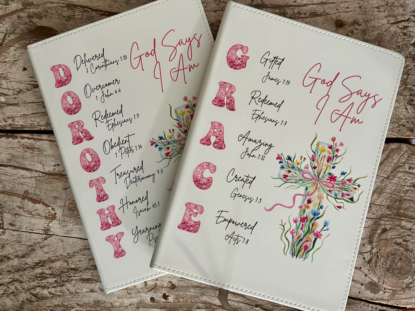 Personalized God Says I Am Bible Verse Name Journal | Christian Religious Notebook for Girl | First Communion Baptism Easter Pastor Gift