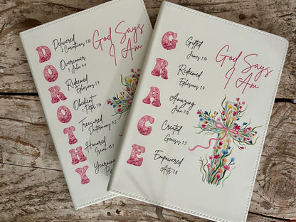 Personalized God Says I Am Bible Verse Name Journal | Christian Religious Notebook for Girl | First Communion Baptism Easter Pastor Gift
