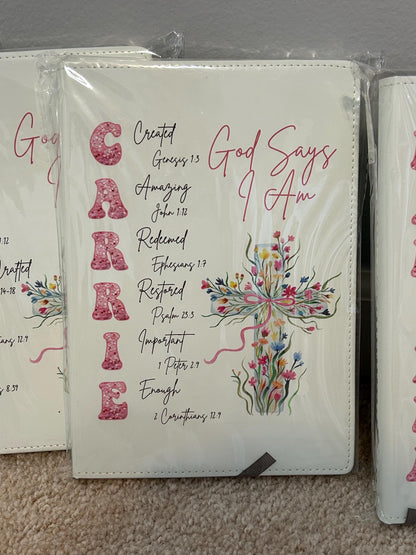 Personalized God Says I Am Bible Verse Name Journal | Christian Religious Notebook for Girl | First Communion Baptism Easter Pastor Gift