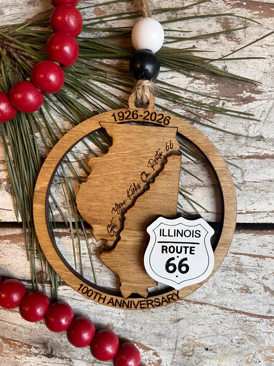 Illinois Route 66 100 Years Christmas Tree Ornament | The Mother Road Keepsake | Road Trip Souvenir Gift