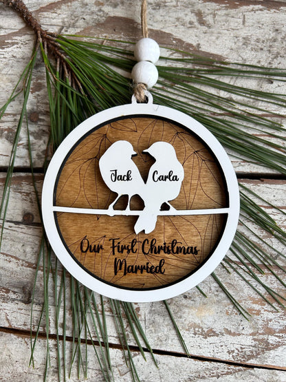 Personalized Love Birds Christmas Tree Ornament | Mr. and Mrs. Ornament | Wedding Gift | Gift for Newlyweds | Engagement Ornament | Our Nest