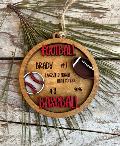 Personalized Baseball Football Player Christmas Tree Ornament | Gift for Multi Sport High School Athlete| Senior Baseball Football 2 Sport