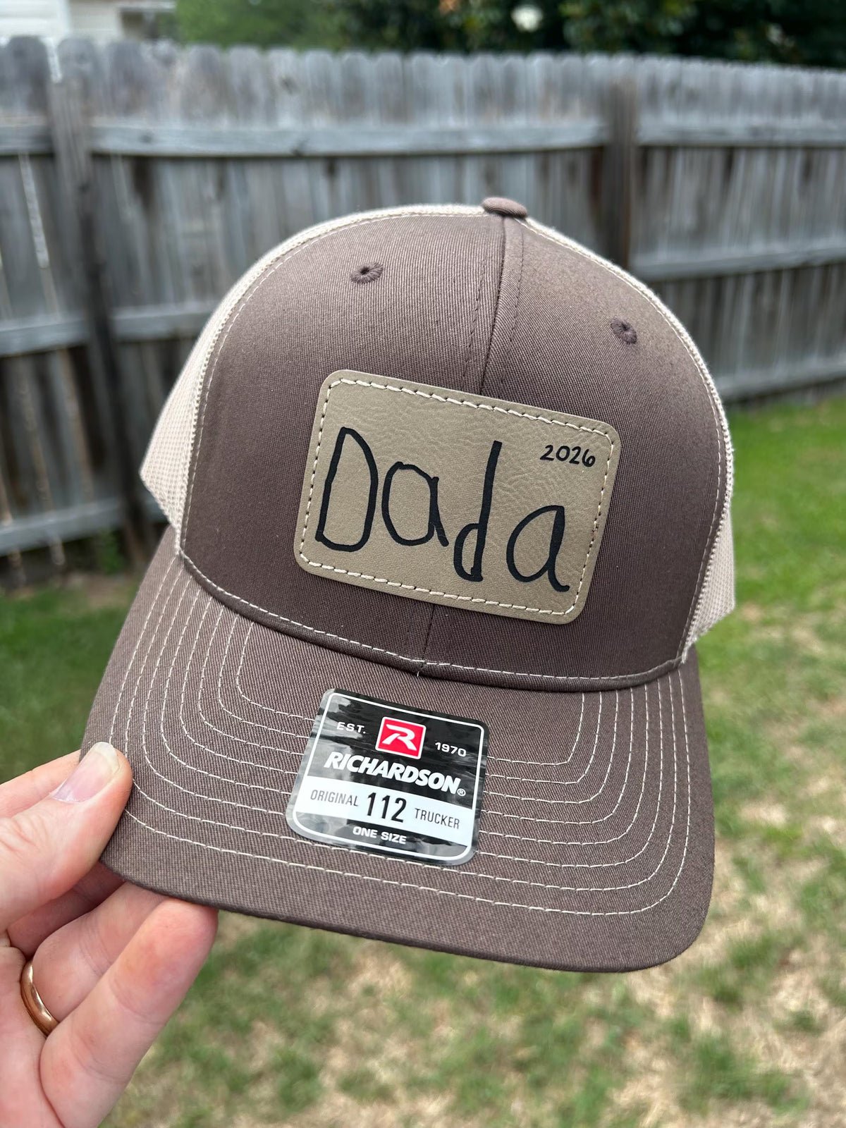 Personalized Dad Grandpa Trucker Hat | Child Handwriting Engraved Leather Patch Gift