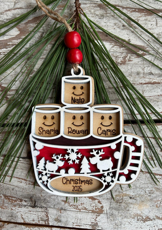 Personalized Hot Cocoa Family Christmas Tree Ornament | Hot Chocolate Marshmallow Family Ornament | Family Christmas Ornament | Family Gift