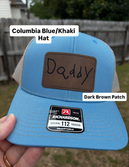 Personalized Dad Grandpa Trucker Hat | Child Handwriting Engraved Leather Patch Gift