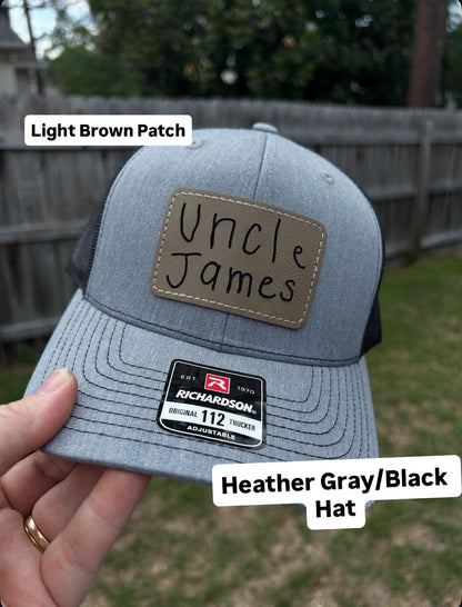 Personalized Dad Grandpa Trucker Hat | Child Handwriting Engraved Leather Patch Gift