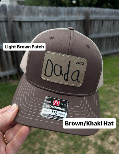 Personalized Dad Grandpa Trucker Hat | Child Handwriting Engraved Leather Patch Gift