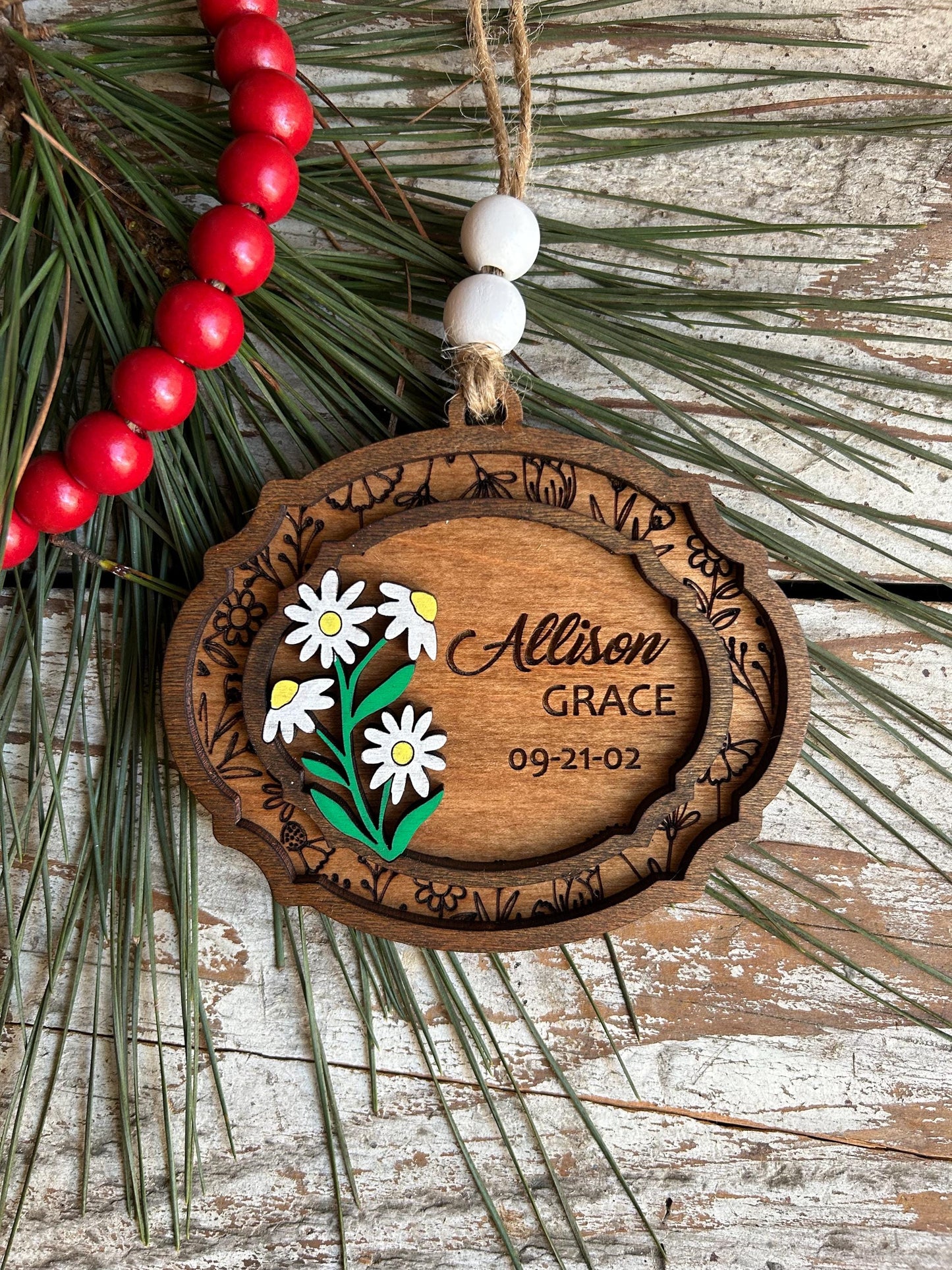 Daisy Bouquet Personalized Baby’s First Christmas Ornament | New Baby Ornament | Newborn Keepsake | Daisies