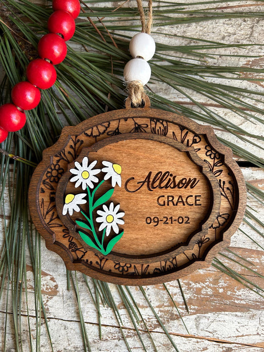 Daisy Bouquet Personalized Baby’s First Christmas Ornament | New Baby Ornament | Newborn Keepsake | Daisies