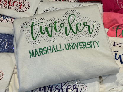 Twirler with School Name Rhinestone and Embroidered Sweatshirt | College High School Majorette or Feature Twirler Bling Apparel