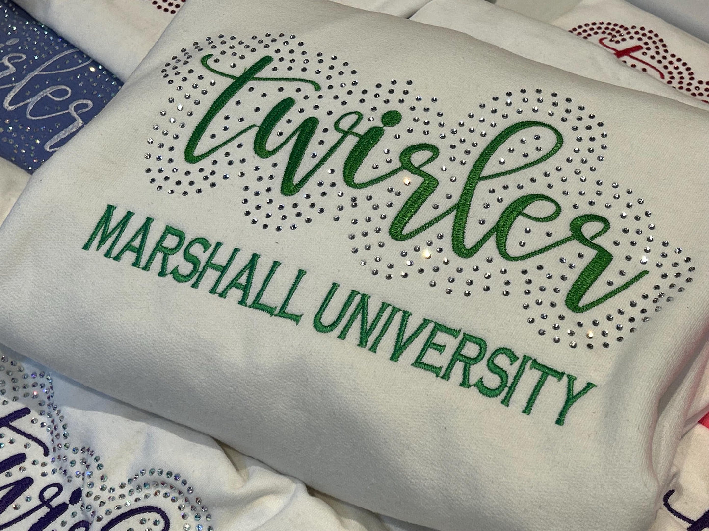 Twirler with School Name Rhinestone and Embroidered Sweatshirt | College High School Majorette or Feature Twirler Bling Apparel