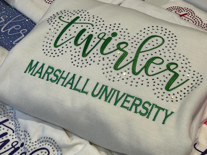 Twirler with School Name Rhinestone and Embroidered Sweatshirt | College High School Majorette or Feature Twirler Bling Apparel