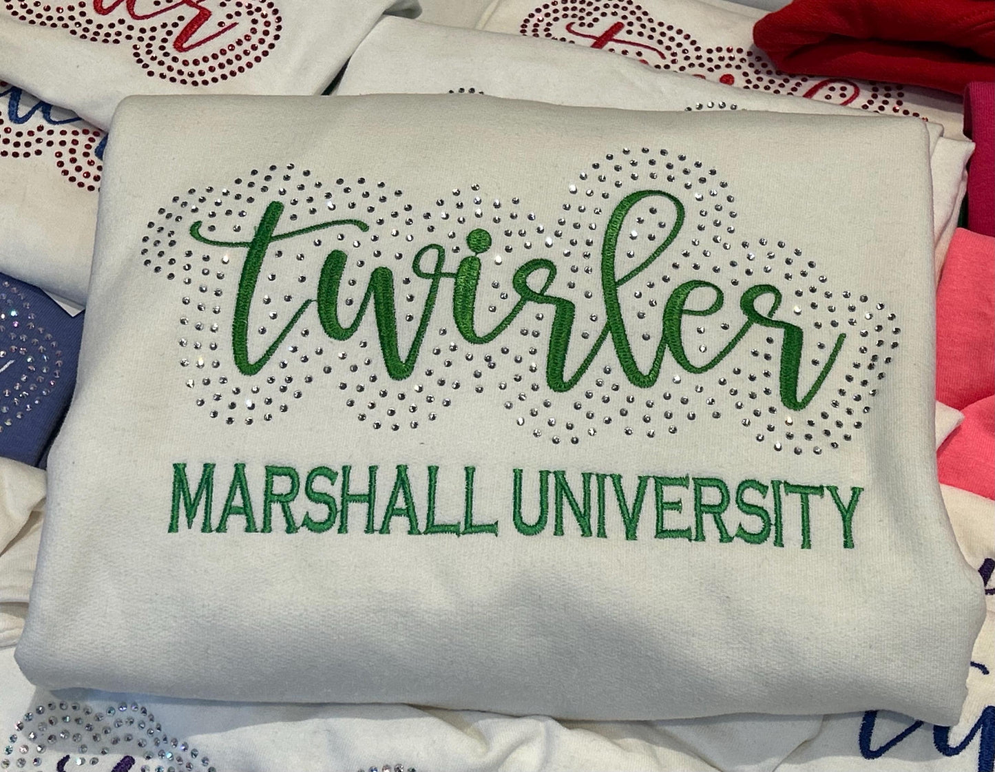 Twirler with School Name Rhinestone and Embroidered Sweatshirt | College High School Majorette or Feature Twirler Bling Apparel