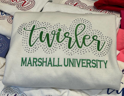 Twirler with School Name Rhinestone and Embroidered Sweatshirt | College High School Majorette or Feature Twirler Bling Apparel