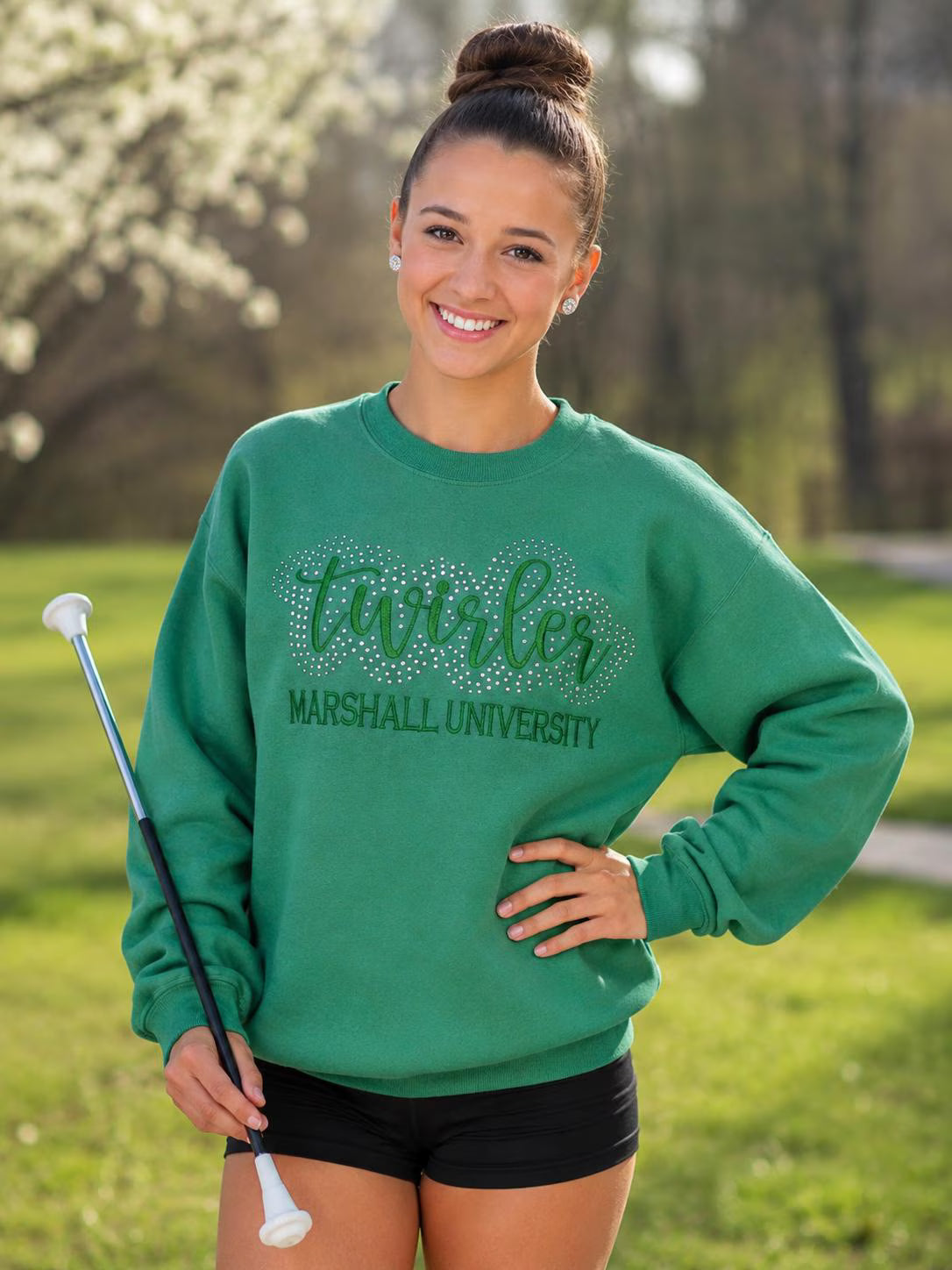 Twirler with School Name Rhinestone and Embroidered Sweatshirt | College High School Majorette or Feature Twirler Bling Apparel