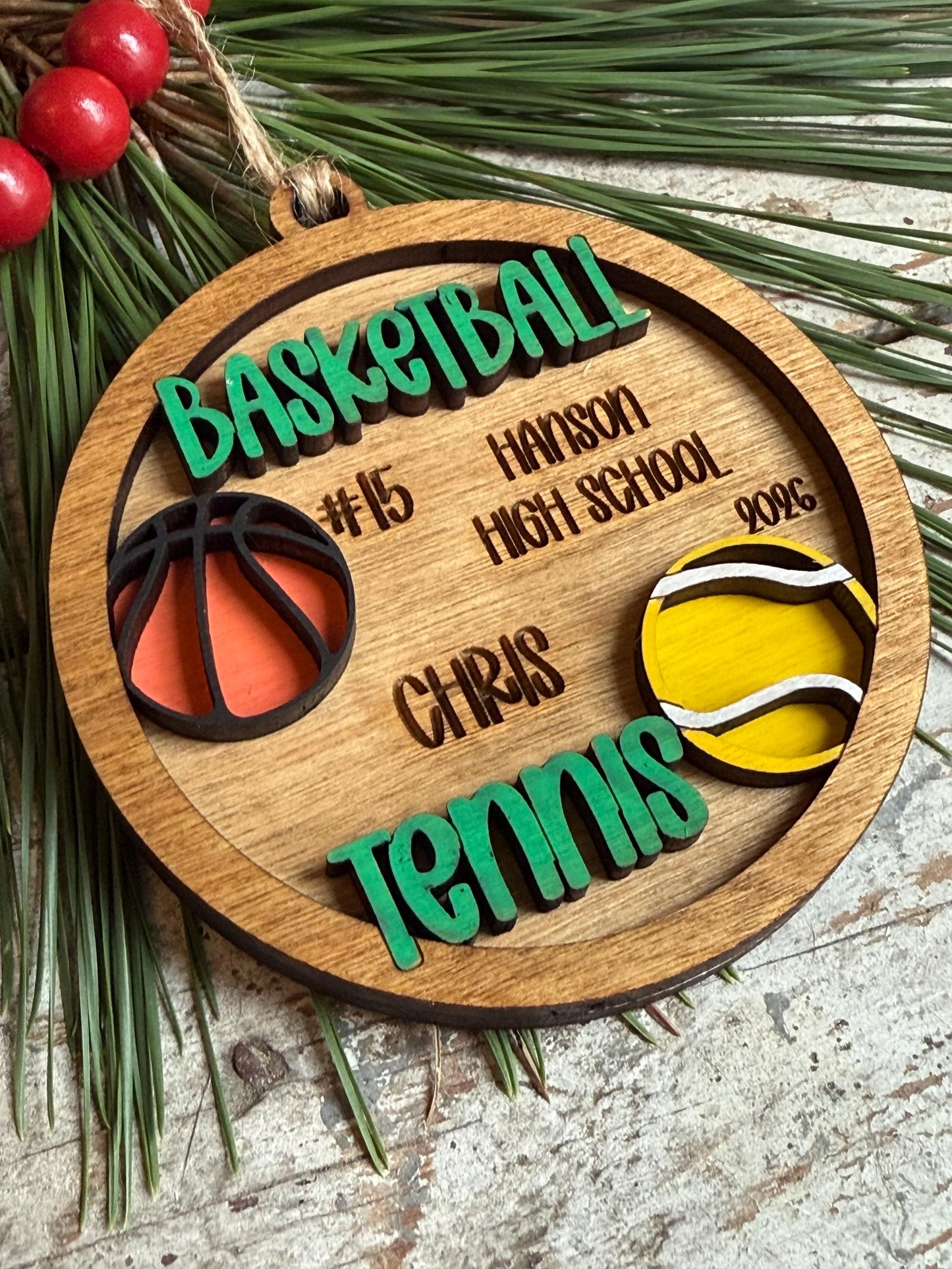Personalized Multi Sport Basketball Tennis Player Christmas Tree Ornament | Gift for High School Team | Custom Coach | Senior