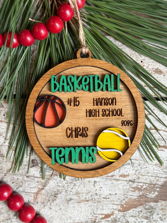 Personalized Multi Sport Basketball Tennis Player Christmas Tree Ornament | Gift for High School Team | Custom Coach | Senior