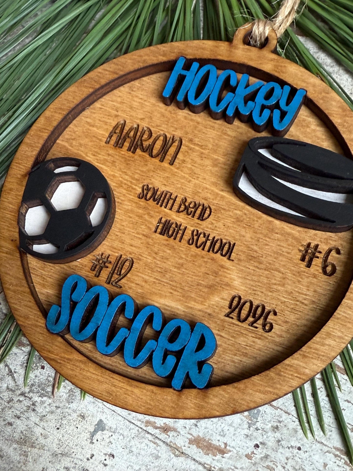 Personalized Hockey Soccer Player Ornament | Custom Multi-Sport High School Christmas Tree Decoration | Senior 2 Sport Athlete