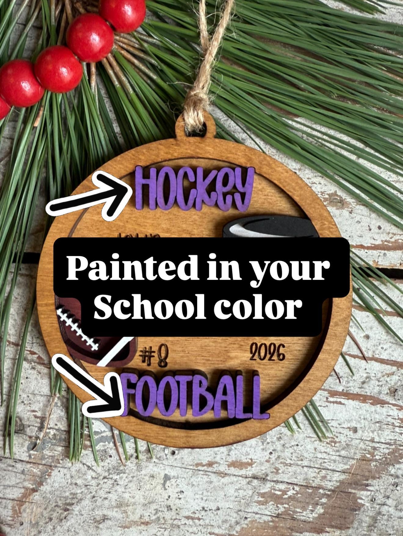 Personalized Hockey Football Player Christmas Tree Ornament | Gift for Multi Sport High School Athlete| Present for Senior in 2 Sports