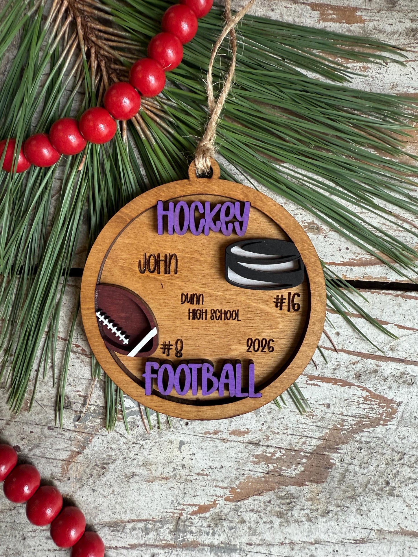 Personalized Hockey Football Player Christmas Tree Ornament | Gift for Multi Sport High School Athlete| Present for Senior in 2 Sports
