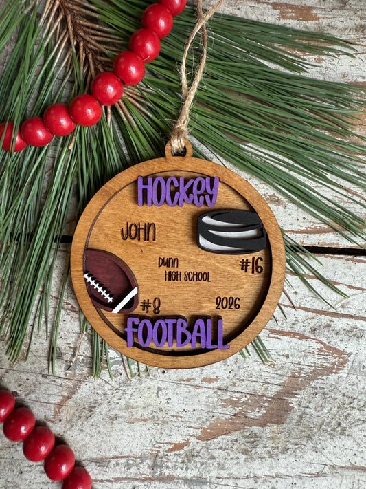 Personalized Hockey Football Player Christmas Tree Ornament | Gift for Multi Sport High School Athlete| Present for Senior in 2 Sports