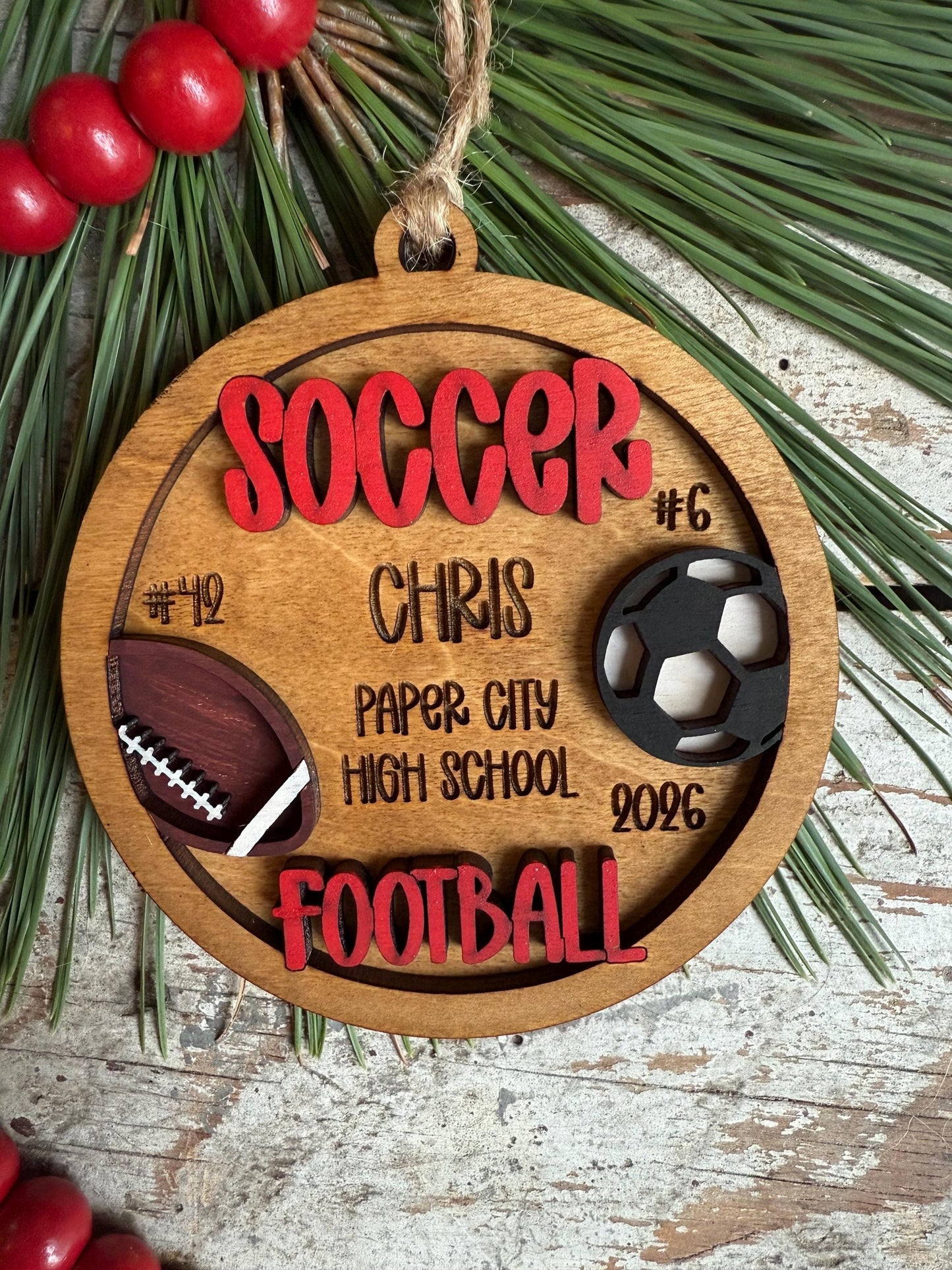 Personalized Soccer Football Player Christmas Tree Ornament | Gift for Multi Sport High School Athlete| Present for Senior in 2 Sports